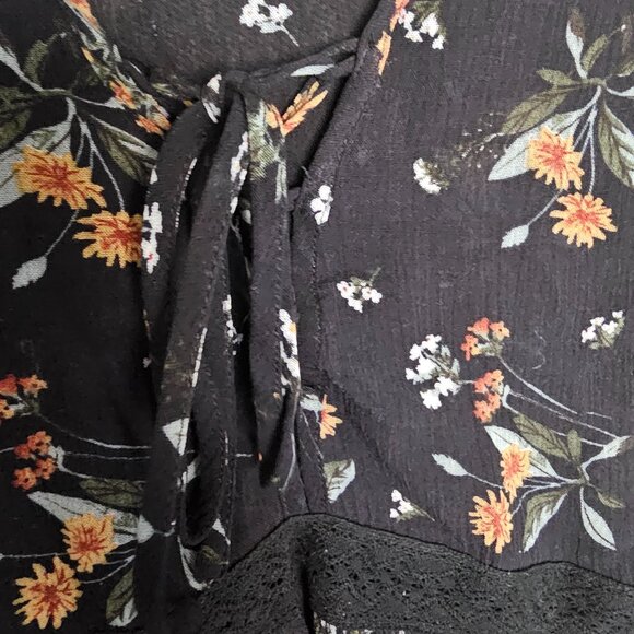 Full Tilt Black Floral Blouse | Long Sleeve Boho Top | Embroidery & Tie Detail - Picture 4 of 5